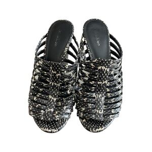 Calvin Klein Phillipa Black Tan Snakeskin Strappy Wedge Slide Heel Shoe Sz 8